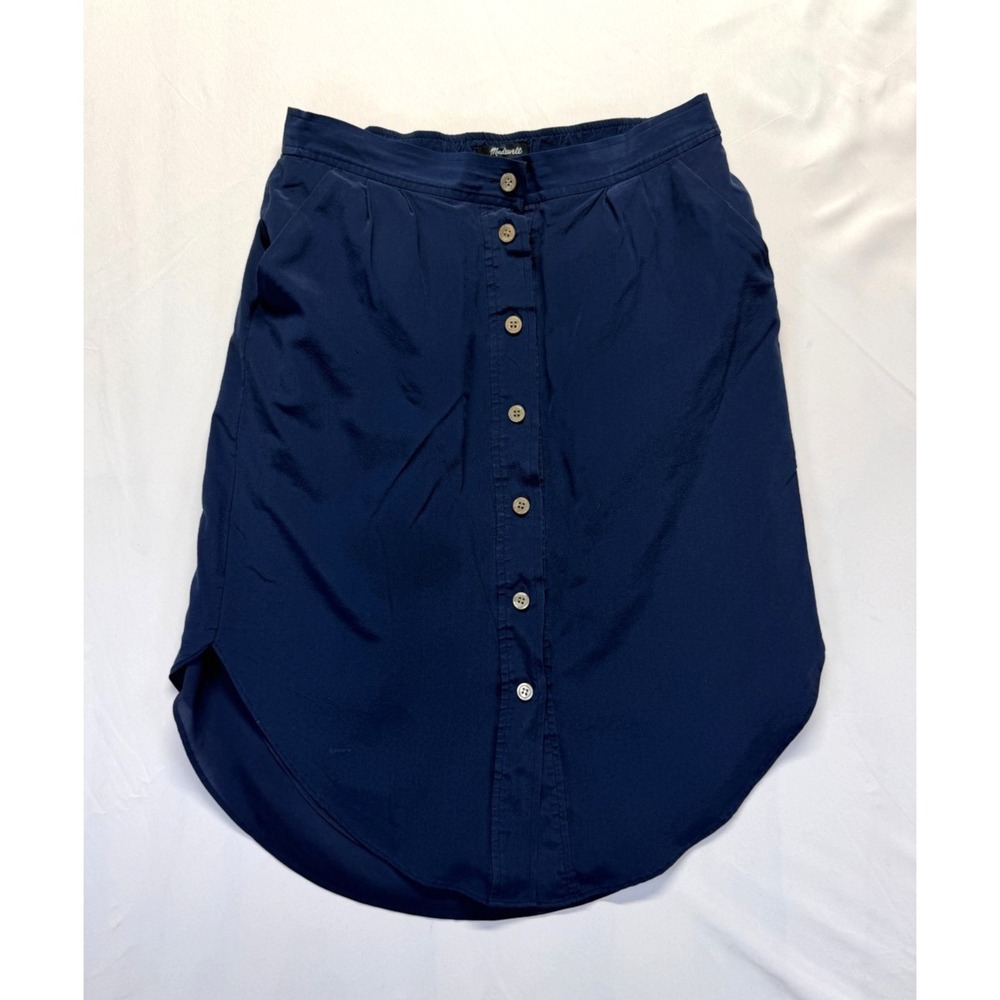 Madewell Tulip Midi Skirt Womens M Navy Blue Lightweight Curve Hem Button Front